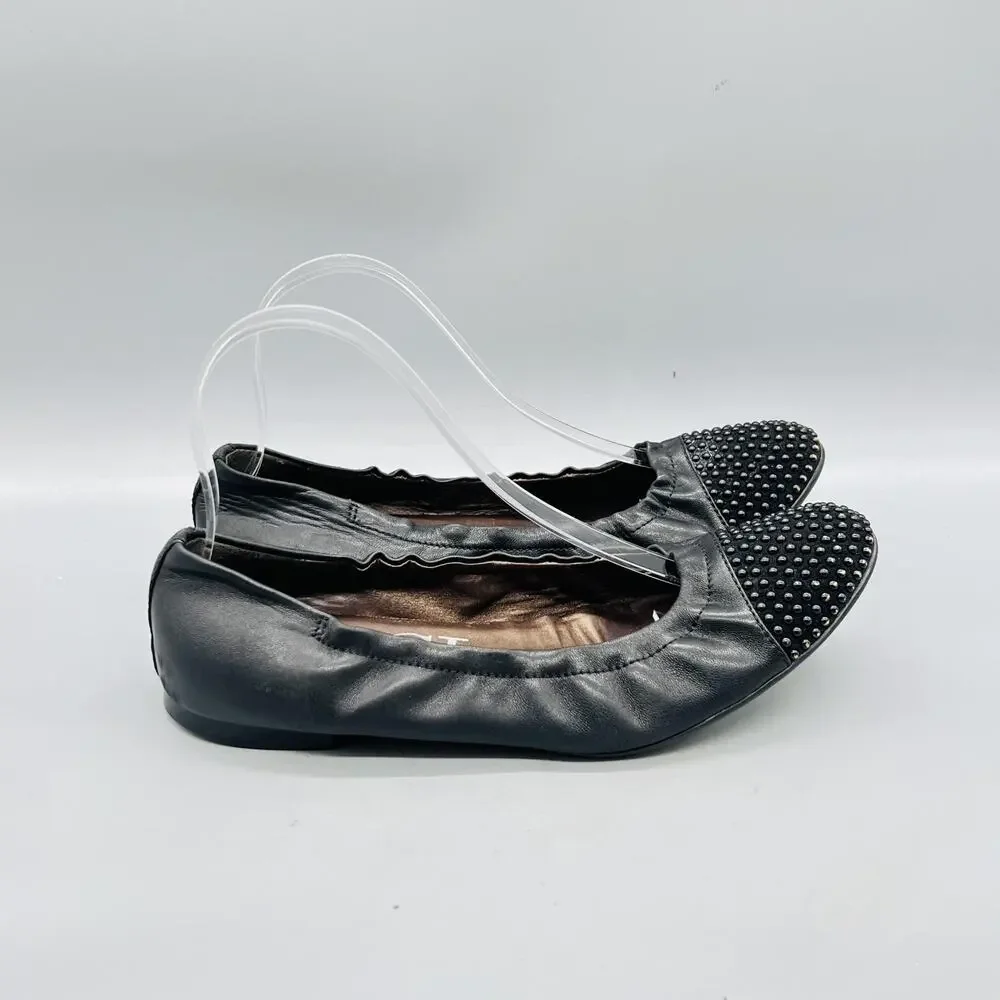 AGL Shoes Womens 9.5 Black Leather Studded Cap Toe Ballet Flats Slip On Comfort